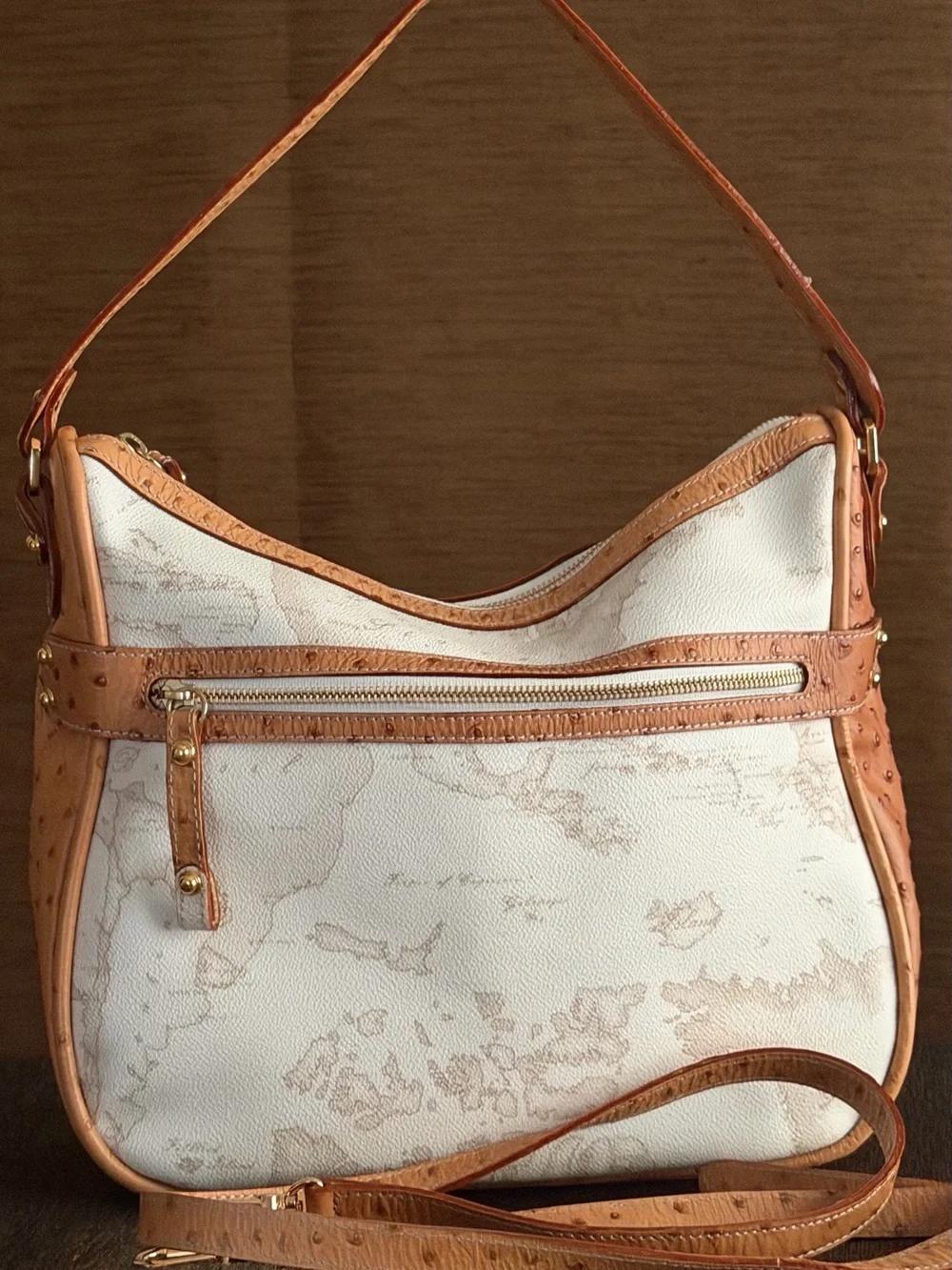 Alviero Martini 1a Classe Geo White Hobo Shoulder Bag Ostrich Trim Map Print